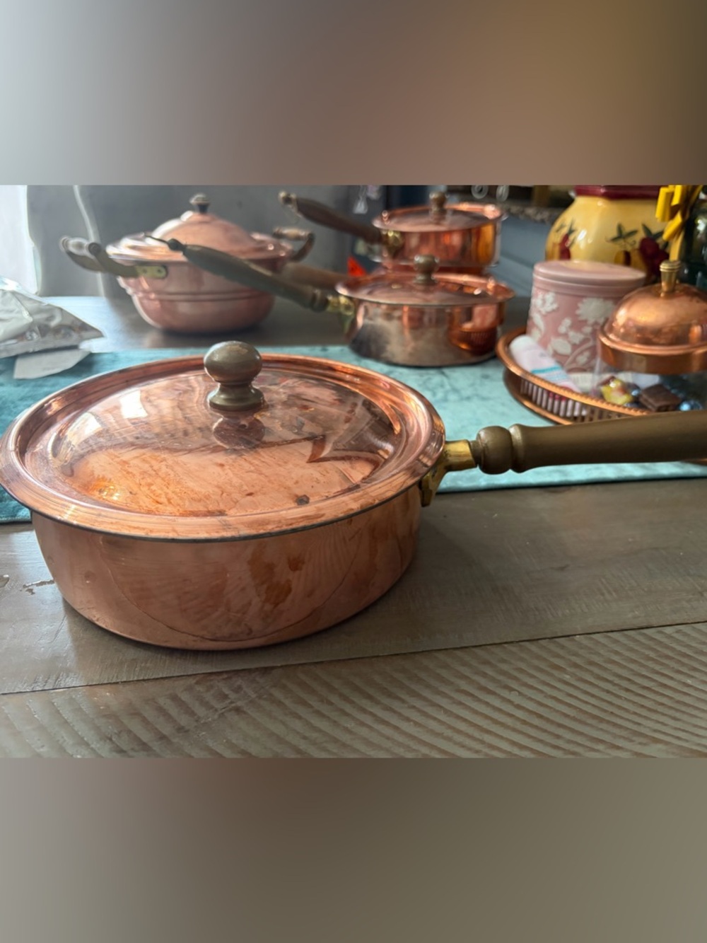Copper-Finish Sauté Pan with  Lid and Long Handle vintage